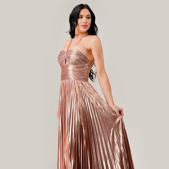 BRAND NEW LONG A-LINE SLEEVELESS LAME' DRESS WITH ADJUSTABLE SPAGHETTI STRAPS - Picture 7 of 12